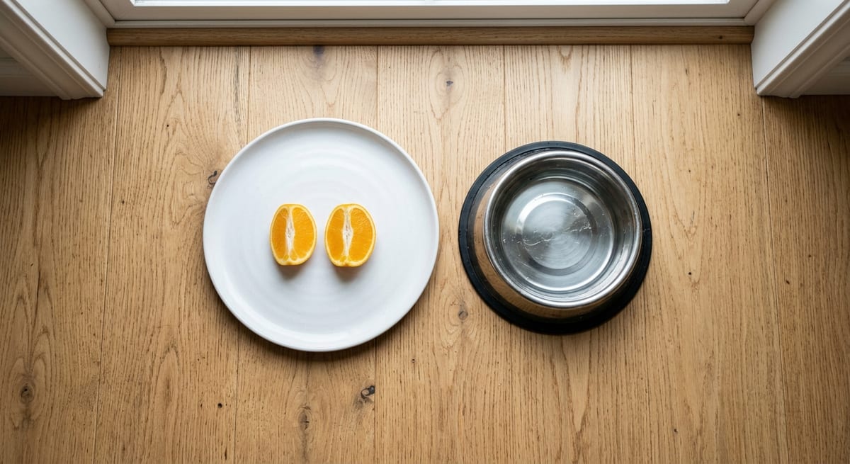 Porciones de cítricos para perros Porción recomendada de naranja para perros pequeños en un plato blanco.