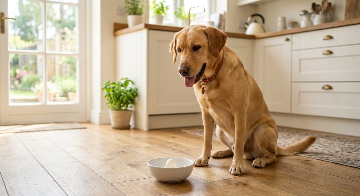 Perro Labrador esperando un huevo cocido, una fuente de proteína perfecta para mascotas.