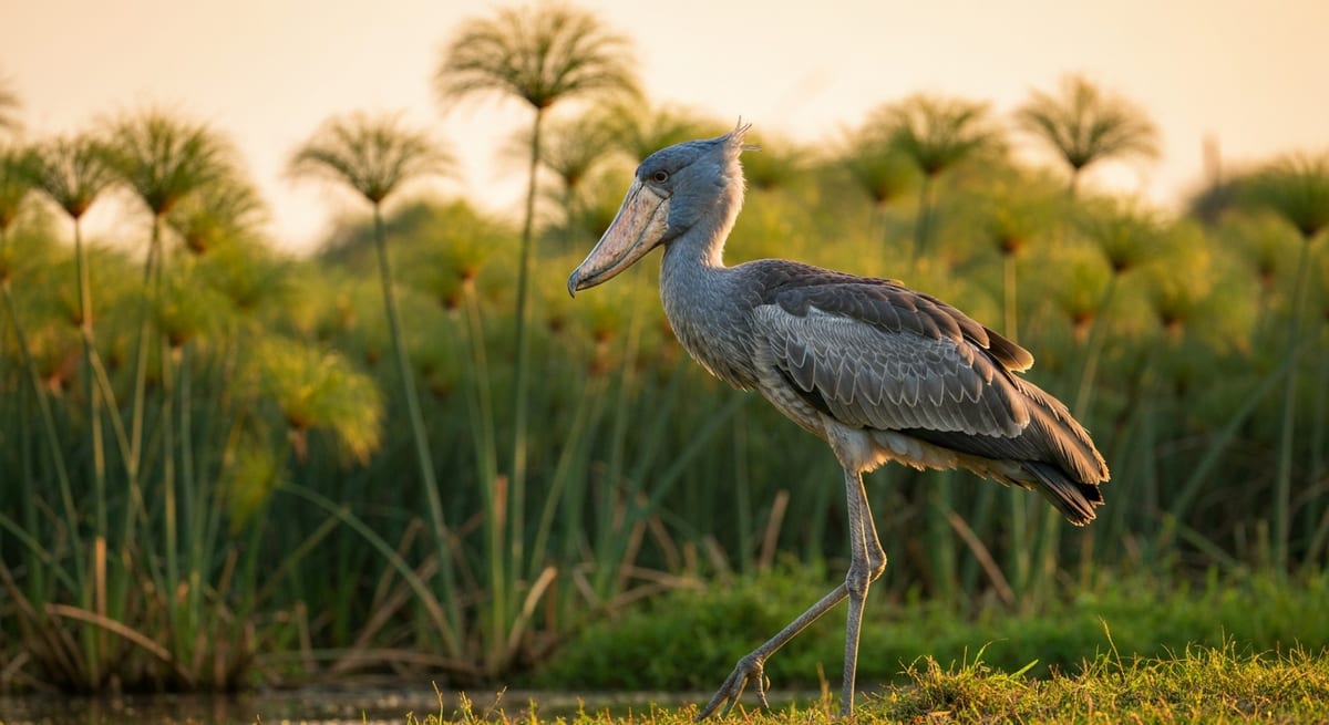 El majestuoso Picozapato Picozapato adulto en su hábitat natural de pantanos africanos con luz cálida