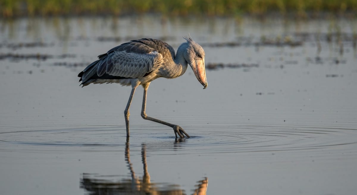 Estrategia de caza Picozapato cazando en aguas poco profundas de un pantano