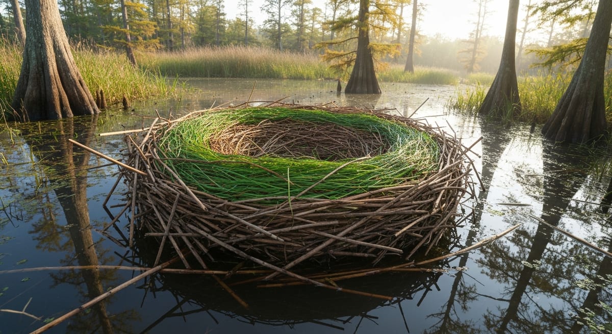 Nidificación en el pantano Nido de picozapato construido con juncos y vegetación en el humedal