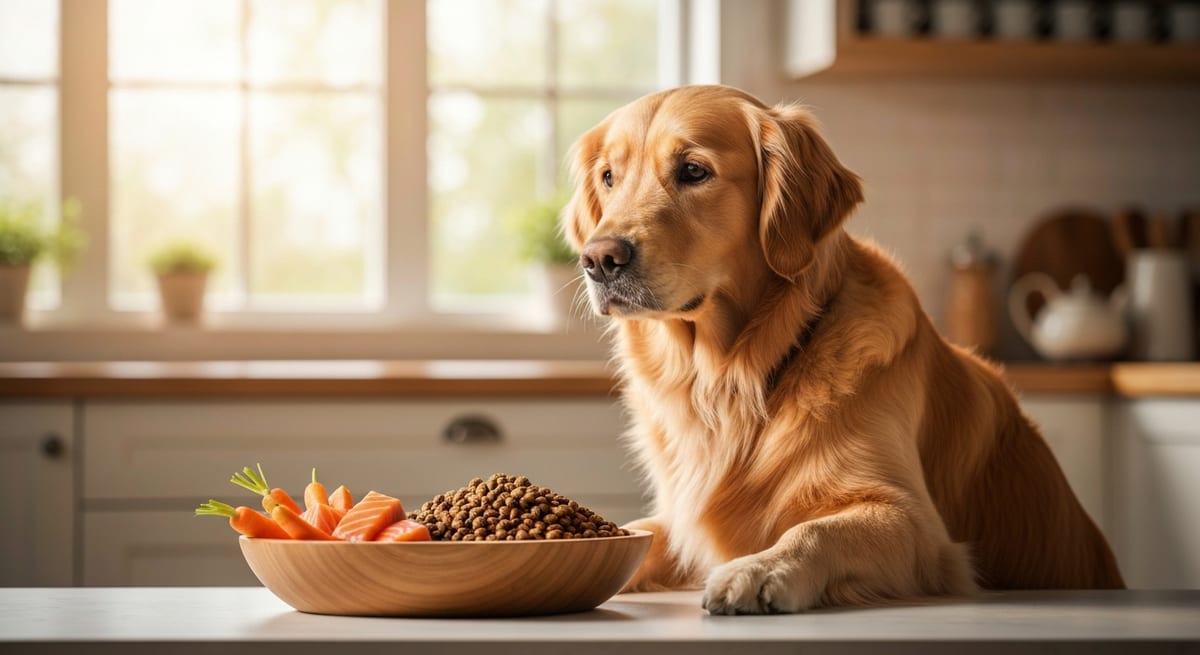 Alimentación natural para perros Perro Golden Retriever junto a un cuenco de piensos naturales para mascotas en una cocina con luz natural.