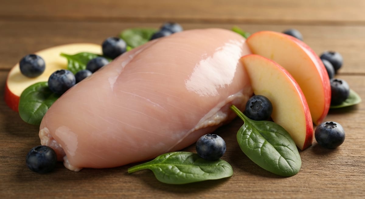 Ingredientes de calidad superior Ingredientes frescos como pollo y frutas utilizados en la elaboración de piensos naturales para mascotas.