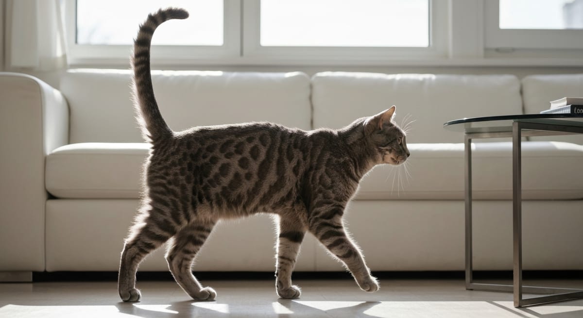 La cola como termómetro emocional Gato con la cola levantada en forma de gancho, ilustrando el significado de la cola del gato feliz.