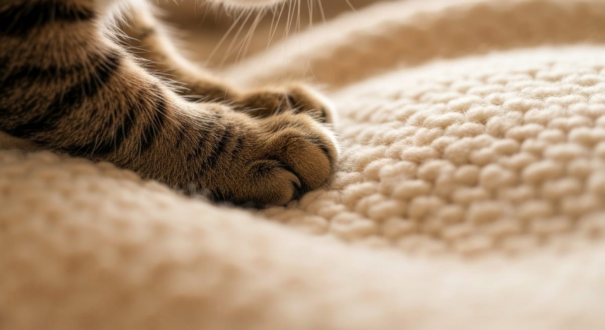 El instinto de amasar Primer plano de patas de gato amasando una manta suave, conducta conocida como hacer pan.