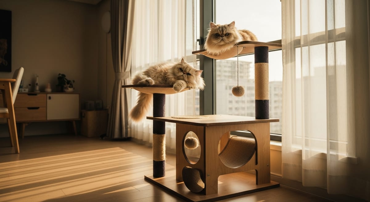 Enriquecimiento ambiental felino Gato relajado en un rascador cerca de una ventana, reduciendo el estrés ambiental en la ciudad.