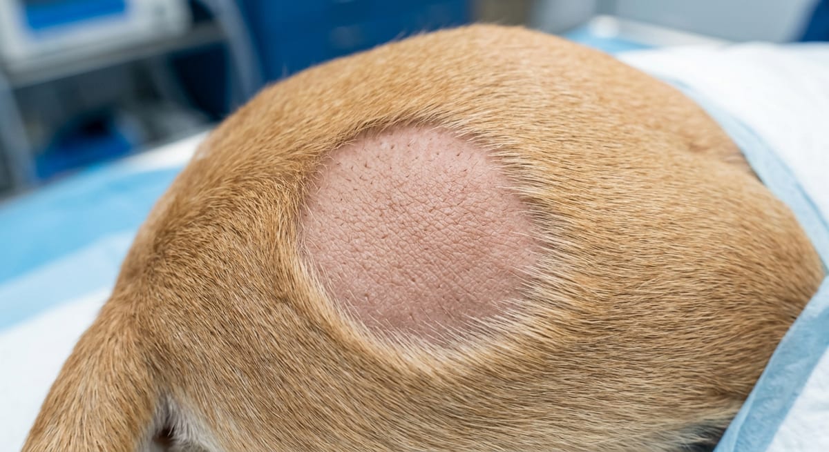 Síntoma visual de tiña canina Detalle de lesión circular por tiña en la piel de un perro, síntoma principal de la infección fúngica.