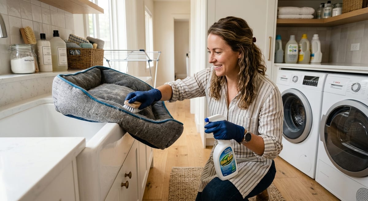 Protocolo de desinfección del hogar Persona desinfectando la cama y juguetes del perro para eliminar esporas de hongos en casa.