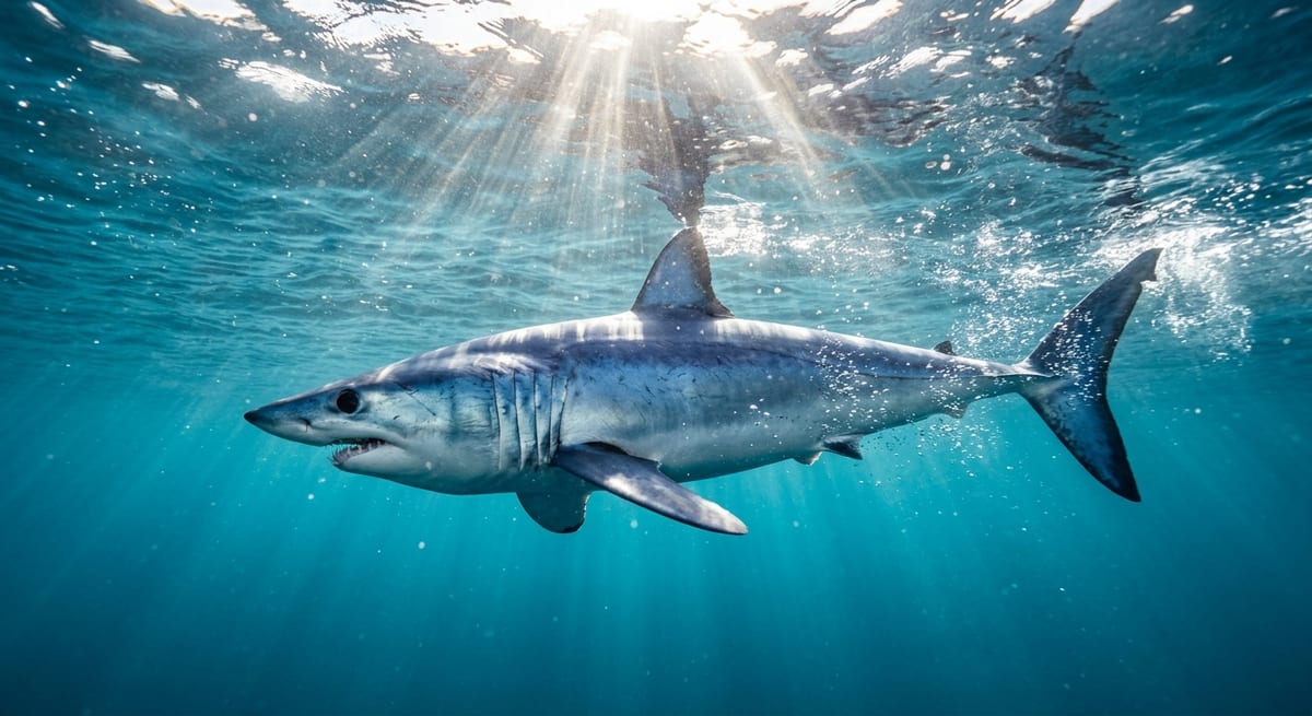 El veloz Tiburón Mako Tiburón Mako nadando velozmente en el océano abierto bajo la luz del sol