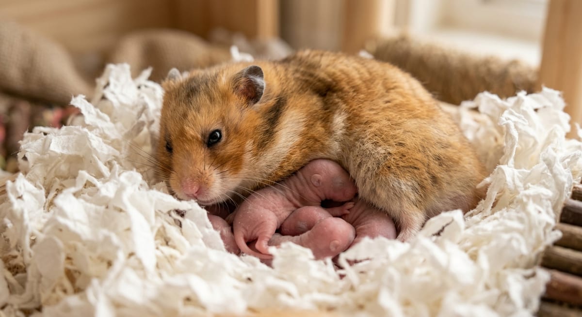 Madre hámster cuidando a sus crías recién nacidas en un nido limpio y seguro.