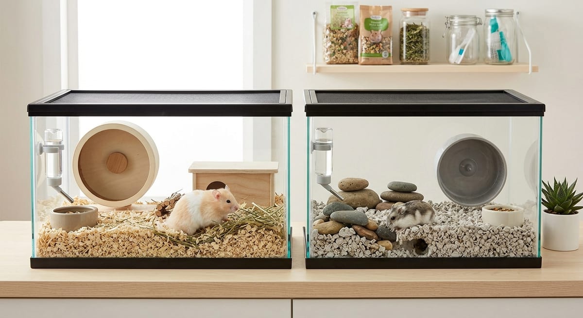 Separación por sexos a las 5 semanas Hámsteres jóvenes separados en hábitats individuales para evitar camadas no deseadas.