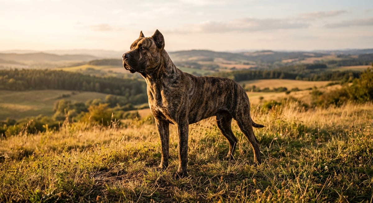 Alano Español en la naturaleza Perro Alano Español adulto de pelaje atigrado en un entorno natural al aire libre
