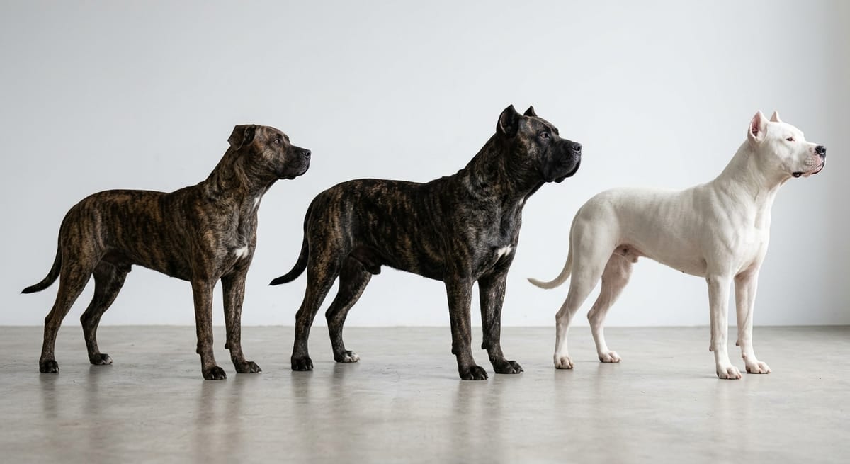 Comparativa de razas de presa Comparativa visual entre Alano Español, Presa Canario y Dogo Argentino