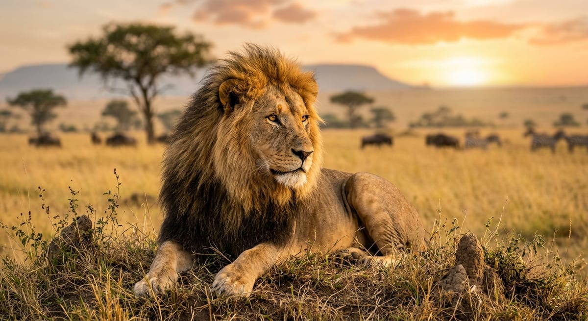 León africano en la sabana, ejemplo icónico de animal carnívoro en su hábitat natural.