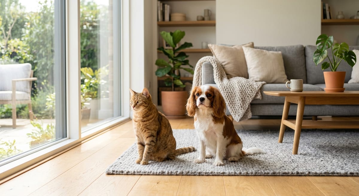 Carnívoros domésticos Perro y gato domésticos en una casa, representando a los animales carnívoros en el hogar.