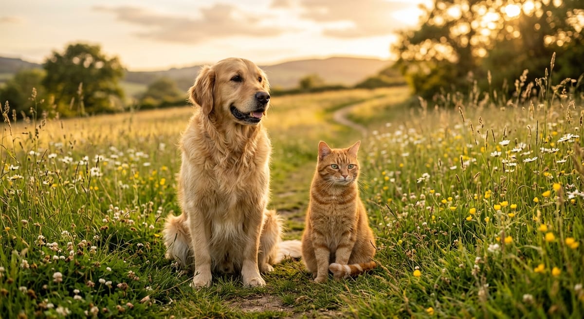 Perro y gato juntos en un campo soleado representando la amistad y frases de animales inspiradoras.