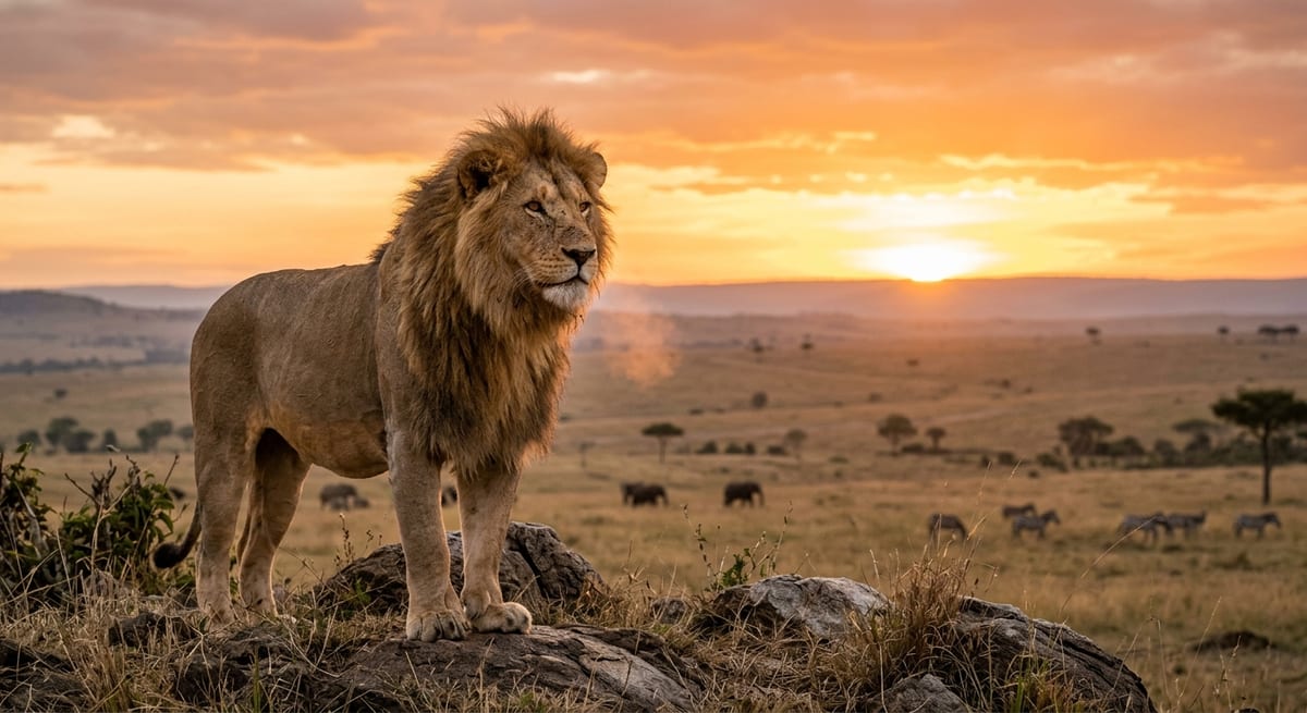 Grandeza de la vida salvaje León majestuoso en la sabana al amanecer, simbolizando la sabiduría y lecciones de vida de animales salvajes.
