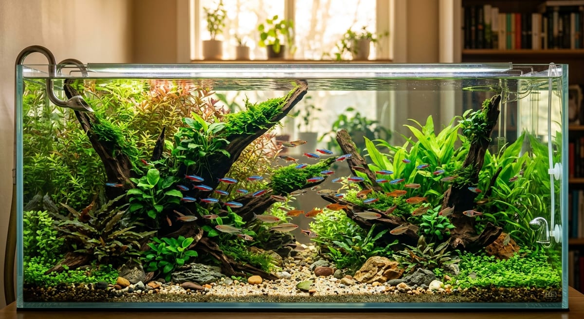 Ecosistema de acuariofilia doméstico Acuario comunitario con diversos tipos de peces populares nadando en un ecosistema saludable y plantado.