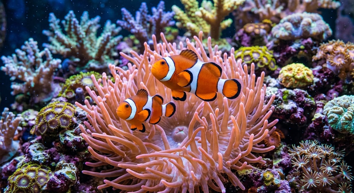 Biodiversidad en acuarios de agua salada Peces payaso en una anémona, ejemplo clásico de peces de agua salada para acuarios de arrecife.