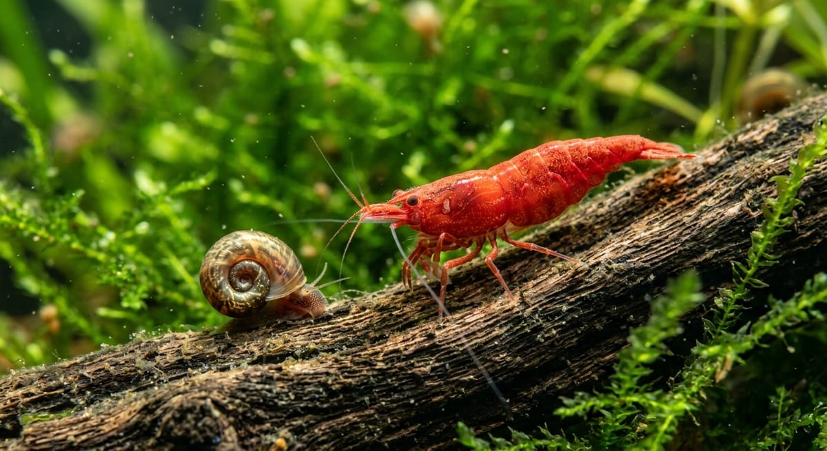 Invertebrados del equipo de limpieza Gamba Red Cherry y caracol, parte del equipo de limpieza esencial para el mantenimiento del acuario.