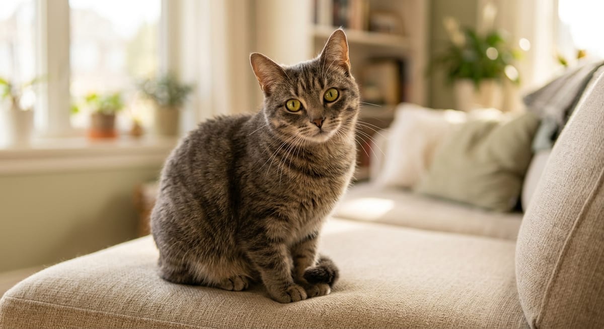 Gata en casa Gata domestica sana en un entorno hogareño iluminado sobre si las gatas menstruan.