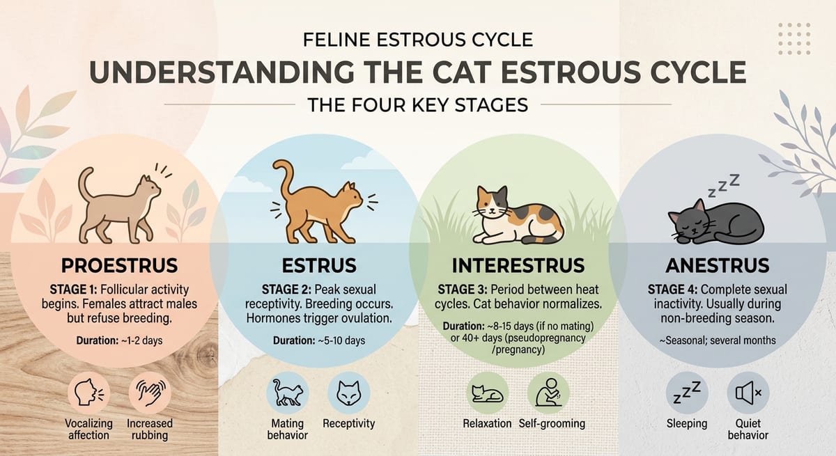 Ciclo estral felino Infografia de las 4 fases del ciclo estral felino: proestro, estro, interestro y anestro.