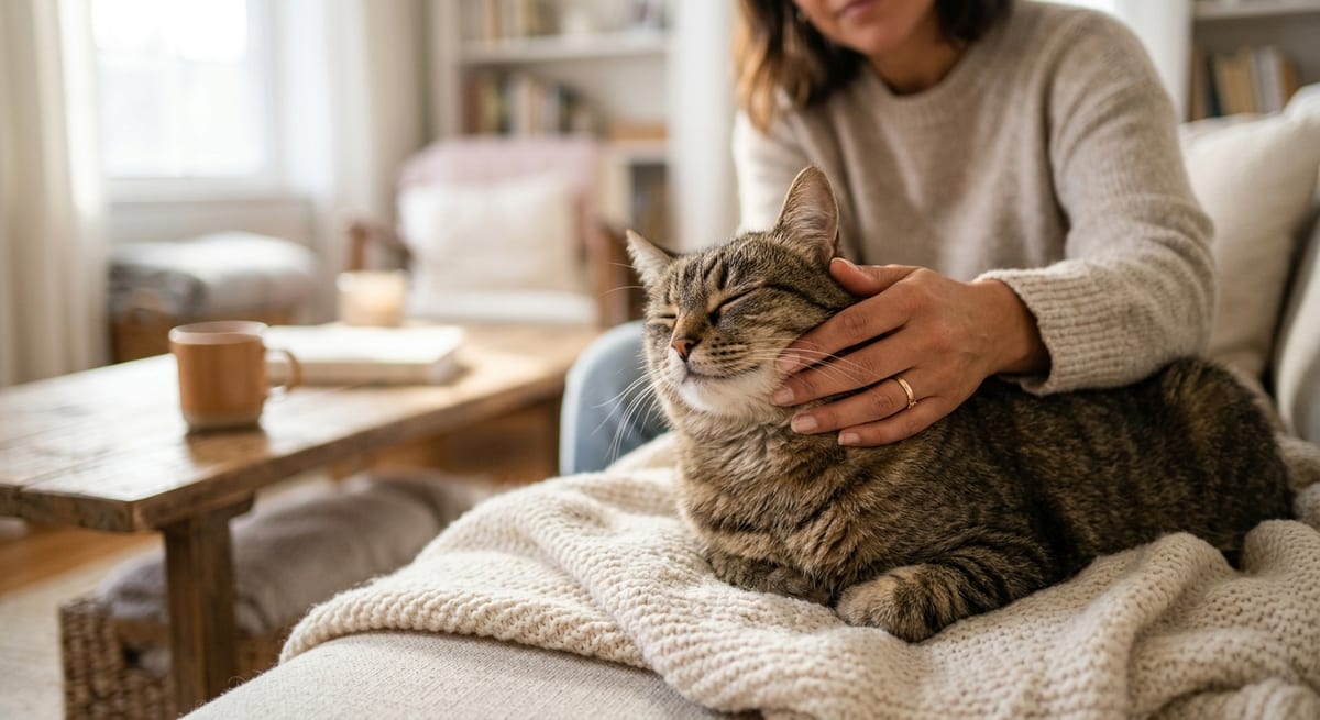 Cuidado preventivo felino Dueño cuidando a su gata para identificar señales de alerta y sangrado anormal.