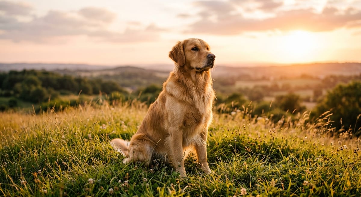 Perro heroico al atardecer Perro con postura majestuosa ideal para llevar nombres mitológicos de dioses.