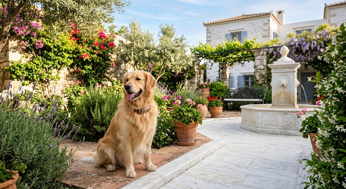 Estética clásica para nombres griegos Perro Golden Retriever en un entorno luminoso evocando la mitología griega y romana.