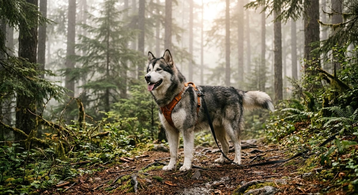 Fuerza nórdica en el bosque Perro nórdico en un bosque boscoso representando la fuerza de la mitología vikinga.