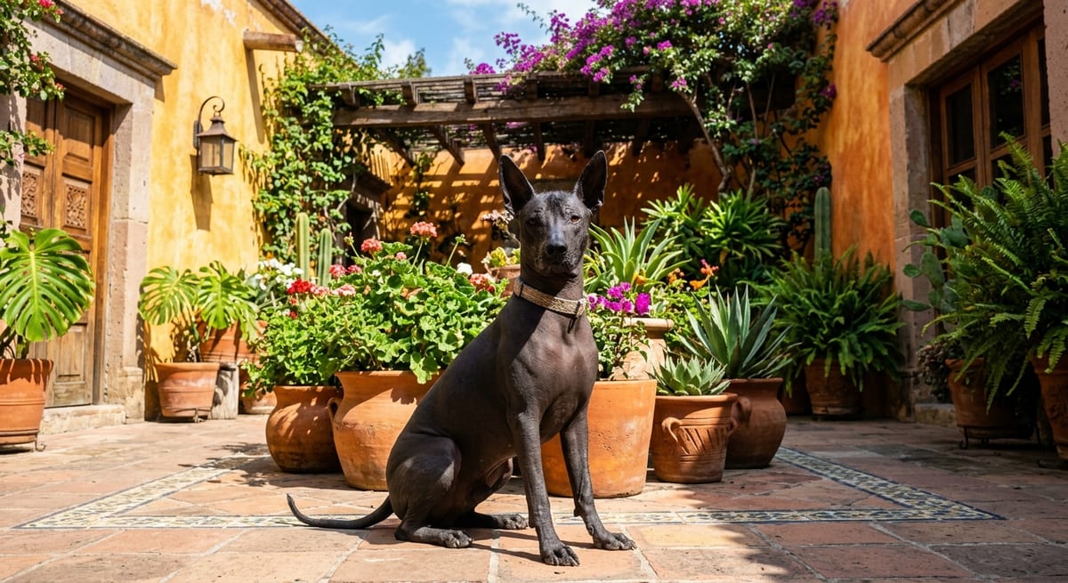 Raíces y mitología mexica Perro Xoloitzcuintli en un entorno cálido conectando con nombres de la mitología mexica.
