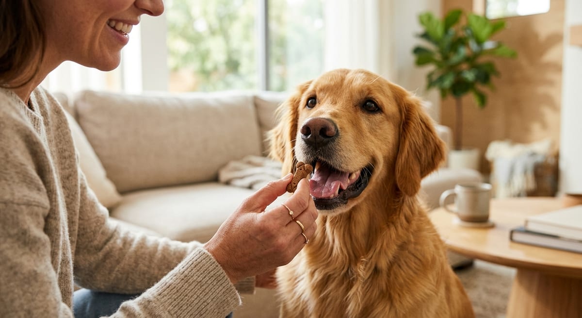 Entrenamiento y reconocimiento del nombre Dueño enseñando su nuevo nombre mitológico a un perro mediante refuerzo positivo.