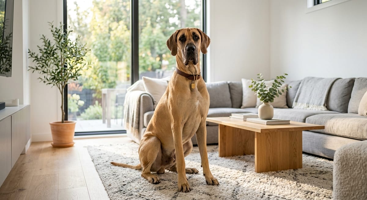 Perro grande en hogar moderno Perro de raza gigante sentado en una casa luminosa buscando nombres para perros grandes.