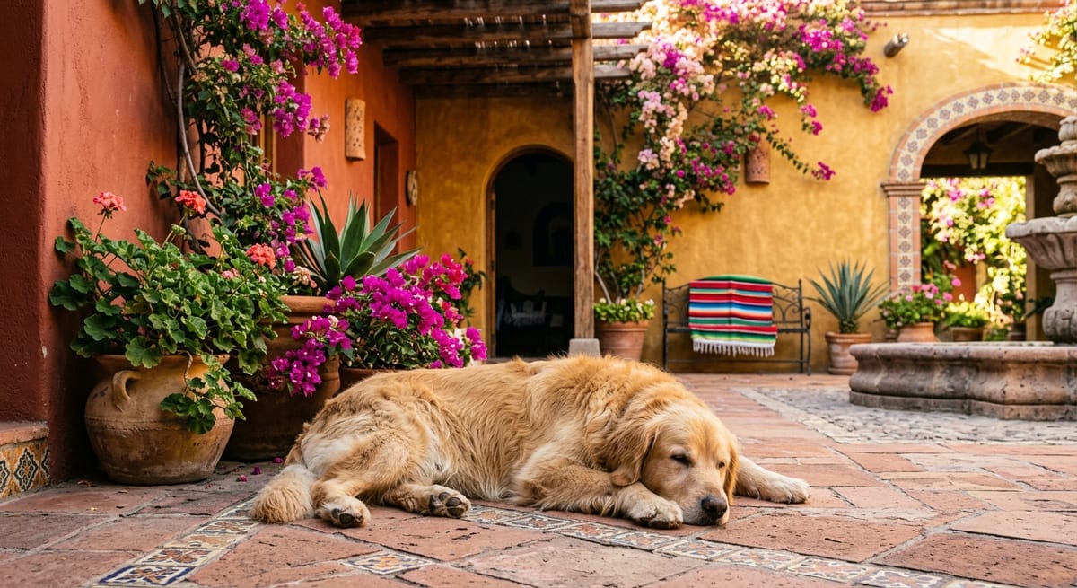 Lomito gigante en patio mexicano Perro grande en un patio mexicano colorido para ilustrar nombres prehispánicos para perros grandes.
