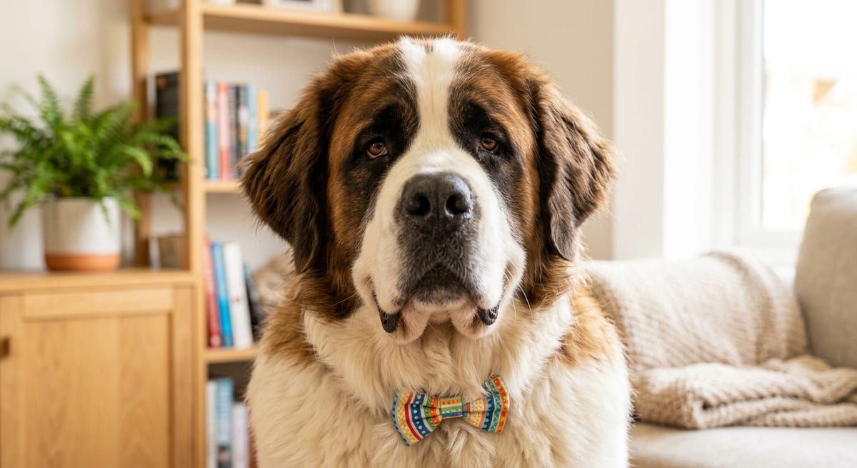 Contraste e ironía en perros gigantes Perro San Bernardo gigante con expresión tierna ilustrando nombres irónicos para perros grandes.